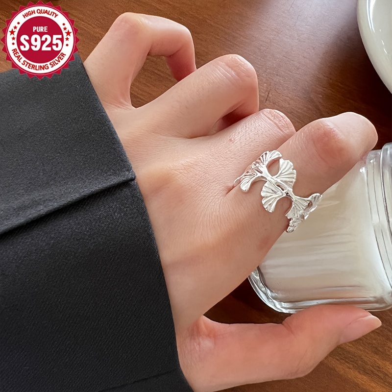 925 Silver Wide Ginkgo Leaf Ring Elegant Design